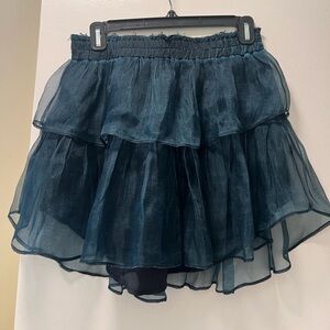LoveShackFancy, ruffle blueish/black tint mini skirt size Medium.